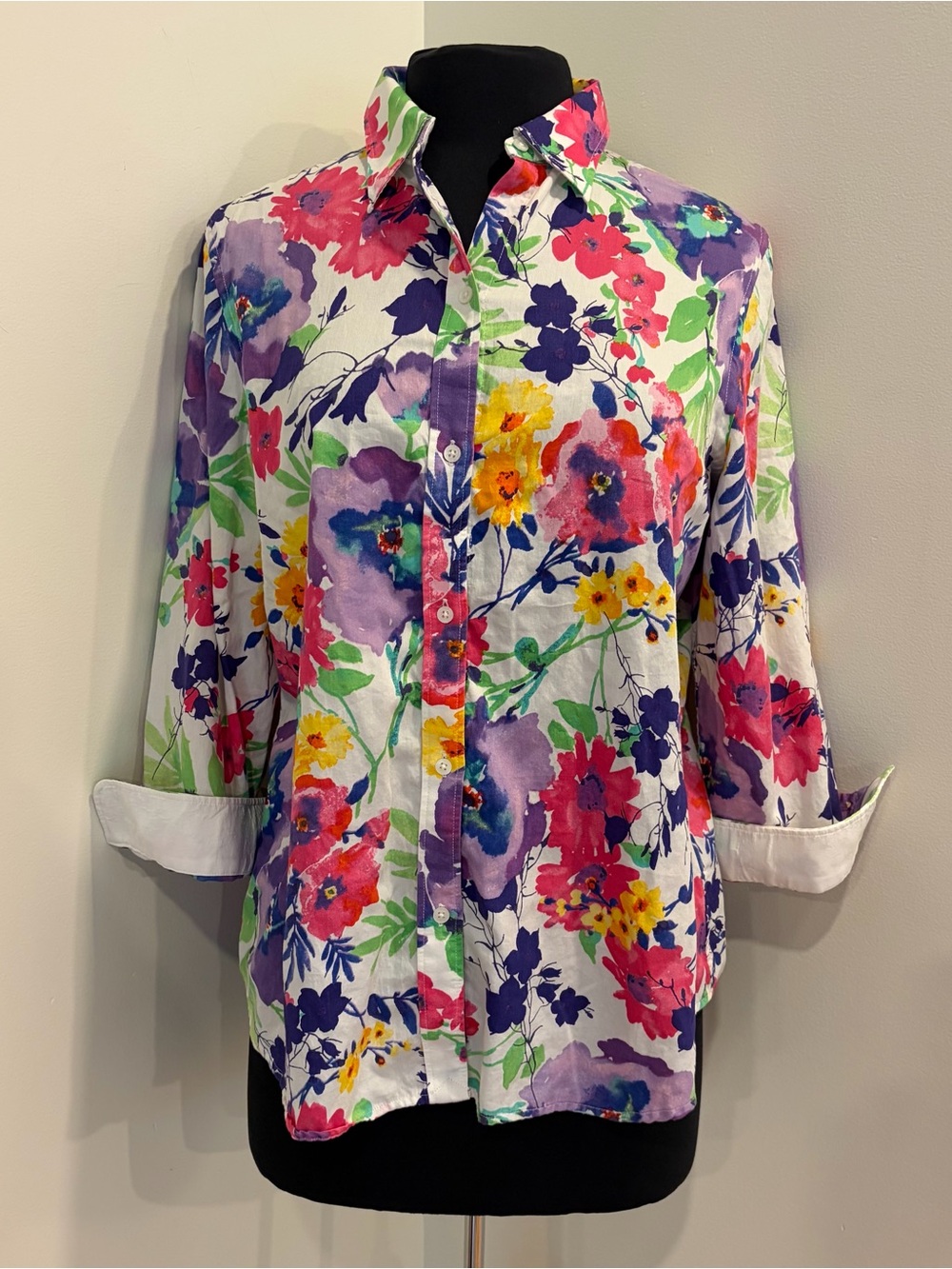 Ralph Lauren Watercolor Floral Cotton Button Up Blouse Long Sleeve